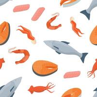 Bright colored seamless pattern with fish, salmon steaks, shrimps, squids and other types of seafood on white background. Backdrop with wholesome sea products. Flat cartoon illustration. vector