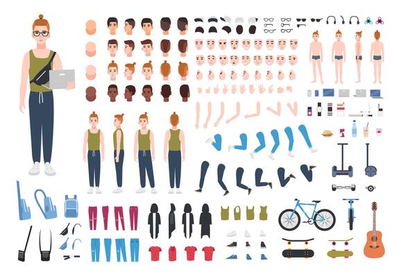 Modern redhead teenage boy constructor or DIY kit. Collection of teenager's body parts, poses, facial expressions, trendy clothes, gadgets isolated on white background. Cartoon illustration.