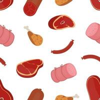Decorative seamless pattern with delicious meat products of various types on white background. Backdrop with tasty food. Colorful illustration in flat style for wrapping paper, wallpaper. vector