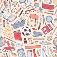 Back To School seamless pattern with education supplies or stationery on light background. Colorful hand drawn illustration in realistic style for wrapping paper, wallpaper, backdrop. vector
