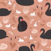 Seamless pattern with black swans and brood of cygnets floating in pond or lake among water lilies and reeds. Backdrop with flock of waterfowl. Flat colorful cartoon illustration for wallpaper. vector