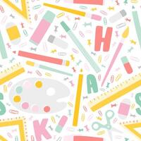 Decorative Back To School seamless pattern with education supplies and alphabet letters scattered on white background. Motley illustration in trendy flat style for textile print, backdrop. vector