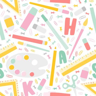 Decorative Back To School seamless pattern with education supplies and alphabet letters scattered on white background. Motley illustration in trendy flat style for textile print, backdrop.