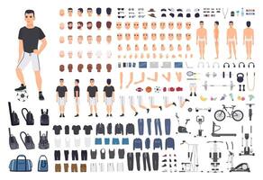 Football or soccer player creation kit. Bundle of man's body parts, poses, sports clothes, exercise machines isolated on white background. Front, side and back views. Cartoon illustration. vector