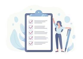 Happy woman standing beside giant check list and holding pen. Concept of successful completion of tasks, effective daily planning and time management. illustration in flat cartoon style. vector