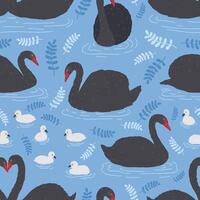 Seamless pattern with flock of black swans and cygnets floating in water, pond or lake. Backdrop with beautiful wild bird or waterfowl. Flat colored cartoon illustration for wrapping paper. vector