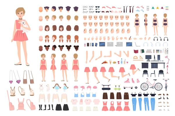 Cute young girl DIY or constructor kit. Bundle of body parts in different postures, facial expressions, girlish clothes and accessories isolated on white background. Flat cartoon illustration.
