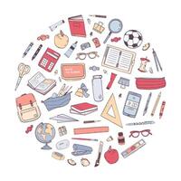 School supplies arranged into circle. Round composition with stationery for education isolated on white background. Hand drawn design element. Colorful illustration in realistic style. vector