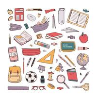 Collection of school stationery items hand drawn on white background. Set of drawings of education supplies. Bundle of design elements. Colorul creative illustration in realistic style. vector