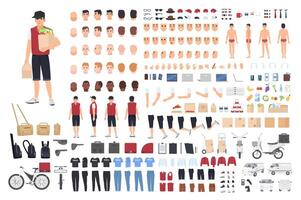 Food delivery guy animation kit or constructor. Set of male cartoon character's body parts in different postures and clothes isolated on white background. Front, side, back views. illustration. vector