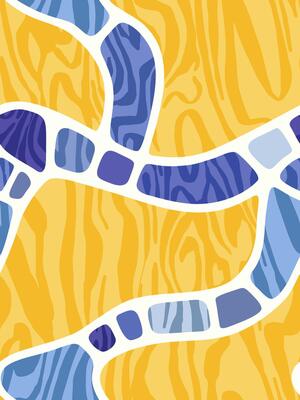 Vibrant summer stained glass pattern with flowing white lines and yellow and blue color palette