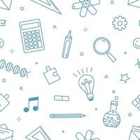 Modern seamless pattern with supplies for school, college or university education and scientific research drawn with contour lines on white background. Monochrome illustration in linear style. vector