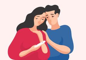 Sad man and woman standing together and looking at pregnancy test showing one line. Infertile couple, fertility problem, trouble conceiving. Colorful illustration in flat cartoon style. vector