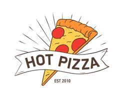Stylish logotype with pizza slice and ribbon isolated on white background. Colorful illustration hand drawn in retro style for label or logo of Italian restaurant, food delivery service. vector
