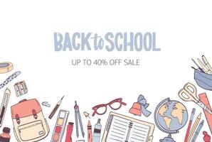 Horizontal banner template for Back To School seasonal sale with stylish lettering handwritten with cursive font and decorated by stationery at bottom edge. illustration for advertisement. vector