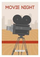 Vertical poster, placard, flyer or invitation template for movie night or motion picture premiere with retro film camera or projector standing on tripod. illustration for event advertisement. vector