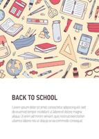 Back To School vertical flyer or poster template with place for text and decorated by pattern or texture with stationery. Colorful trendy illustration for 1st of September, education event. vector