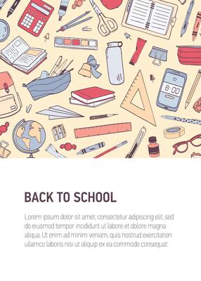 Back To School vertical flyer or poster template with place for text and decorated by pattern or texture with stationery. Colorful trendy illustration for 1st of September, education event.