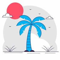 Palm tree and sun colorful image. Flat style vector