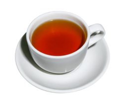 White teacup filled with amber tea on matching saucer perfect for cozy settings with transparent background png