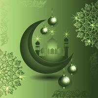 Eid Mubarak background design . Green gradient color mandala, mosque and moon. vector