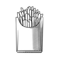 Intricate Engraving Style Drawing of French Fries in Takeaway Box vector