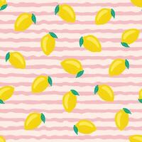 Cute design of fresh lemons and leaves on Pink and white stripes. seamless pattern of lemons and lines. background for wallpaper, wrapping paper design textile and fabric texture prints vector