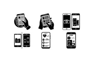 Smartphone Interaction and Comparison Linocut Art vector