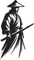 A black and white drawing of a samurai with a sword vector