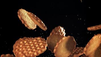 The cookies fly up and fall down. Filmed on a high-speed camera at 1000 fps. High quality FullHD footage video