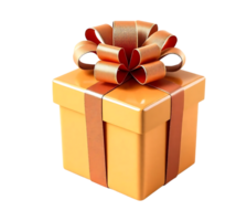 A wrapped gift box with glossy yellow paper shiny orange and gold bow for special occasions png