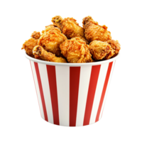Bucket of crispy fried chicken pieces in red and white striped container, isolated on transparent background png