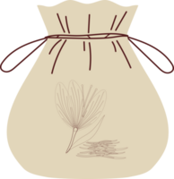 This image shows a simple beige spice bag decorated with a saffron plant design and tied with brown twine. png