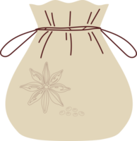 This image shows a simple beige spice bag decorated with a anise plant and tied with brown twine. png