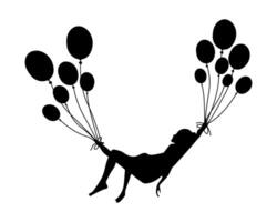 Silhouette of a person flying with a balloon while lying down. vector