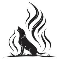 Black silhouette dog howling with abstract flames on a white background vector