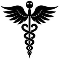 Black and white caduceus symbol graphic with wings and snake vector
