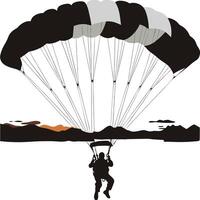 Silhouette of a skydiver descending with a parachute over a mountain landscape vector