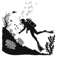 Silhouette diver exploring coral reef underwater with fish and bubbles vector