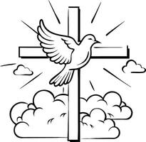 Christian cross and dove with clouds black and white religious illustration vector