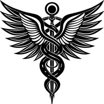 Caduceus medical symbol with wings black and white illustration vector