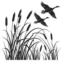 Silhouette of ducks flying over cattails in a minimalist black and white design vector