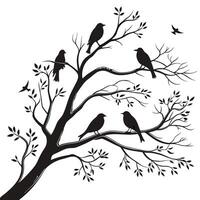 Birds on tree branches silhouette illustration on white background vector
