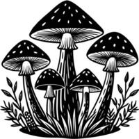 Detailed black and white mushroom illustration with foliage for graphic design projects vector