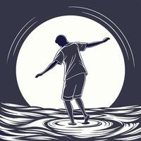 Man walking on water with arms outstretched against a lunar backdrop vector