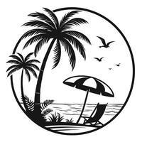 Black and white summer beach scene with palm trees and birds vector