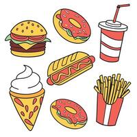 Assorted fast food illustration with burger hotdog and desserts vector