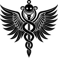 Caduceus symbol black art with wings and smiling face design vector
