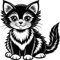 Monochrome illustration of a fluffy black and white kitten sitting down vector