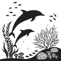 Dolphin silhouette in ocean scene with coral reef and fishes vector